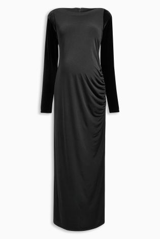 Black Maternity Velvet Sleeve Maxi Dress